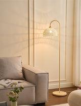 Handwoven Rattan Arched Floor Lamp Modern Beige Standing Light for Living Room