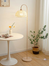 Handwoven Rattan Arched Floor Lamp Modern Beige Standing Light for Living Room