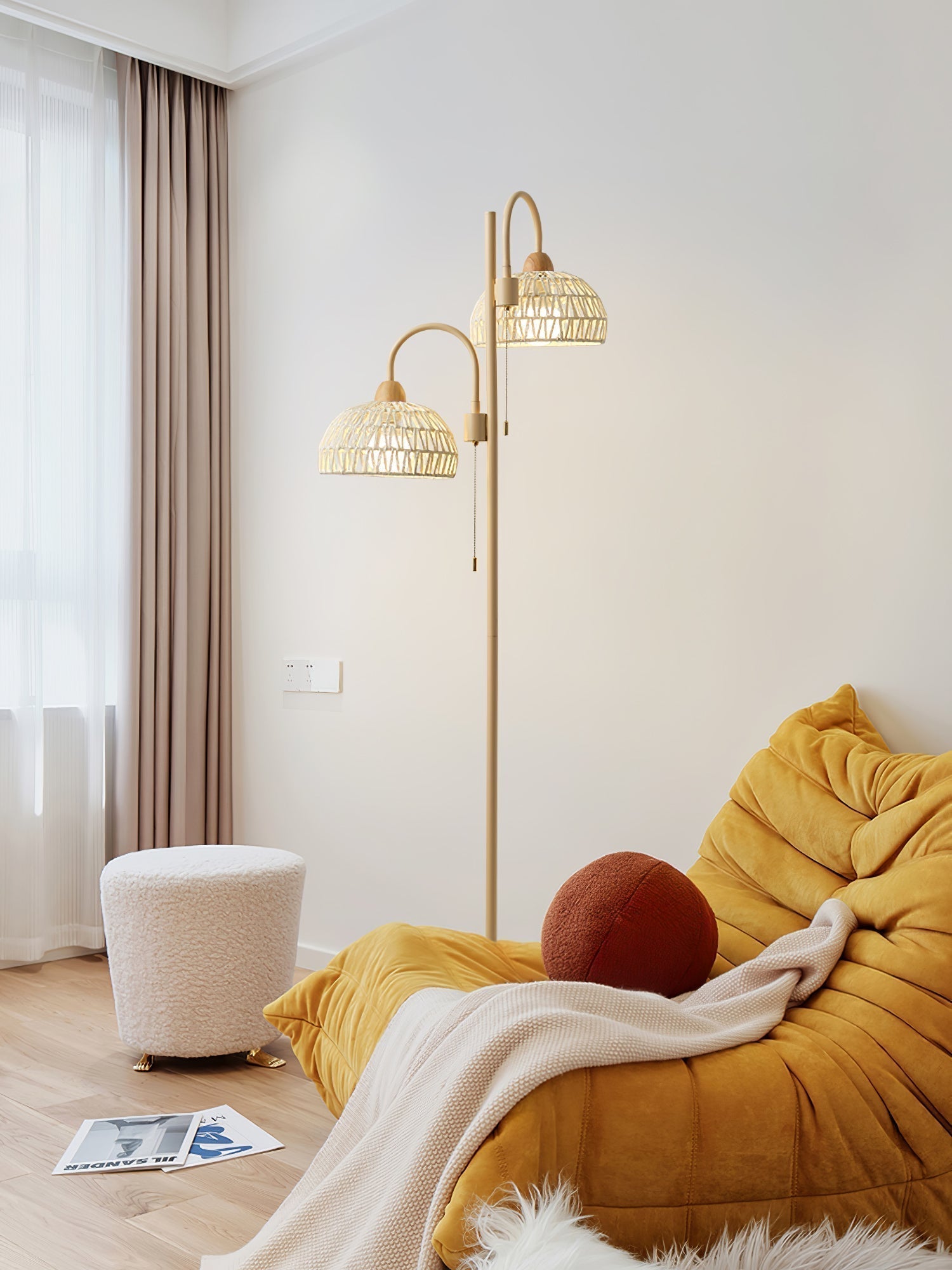 Handwoven Rattan Arched Floor Lamp Modern Beige Standing Light for Living Room