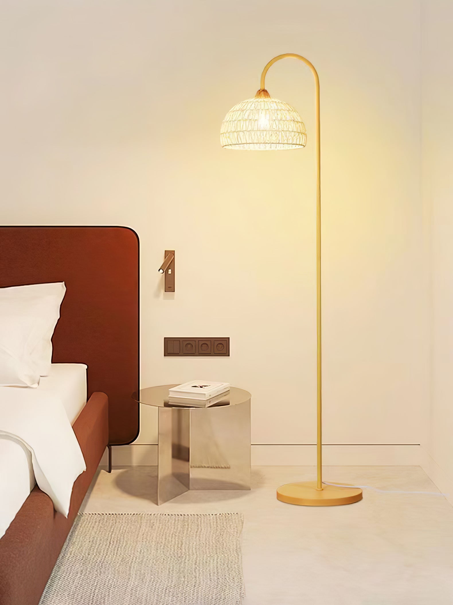 Handwoven Rattan Arched Floor Lamp Modern Beige Standing Light for Living Room