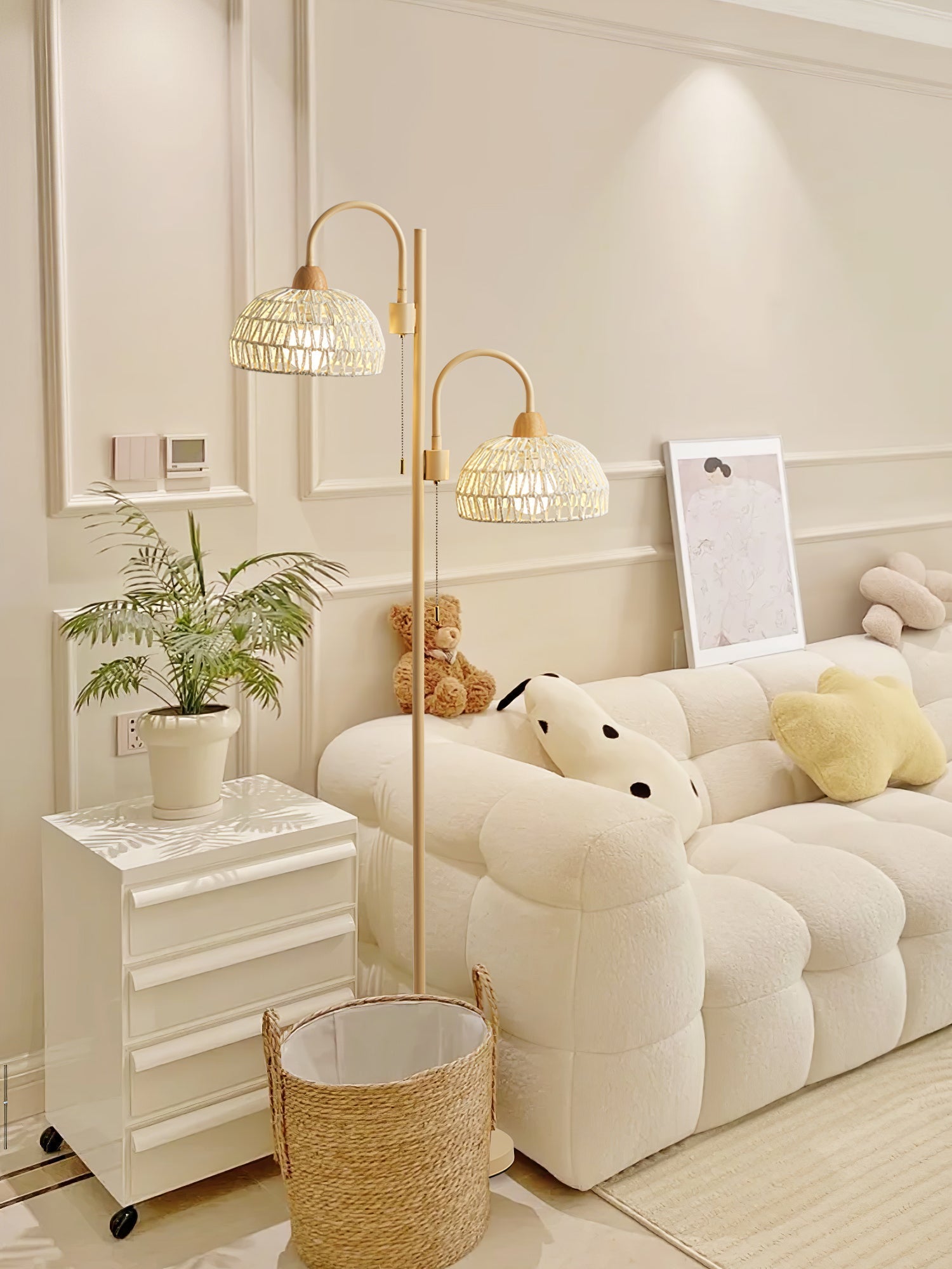 Handwoven Rattan Arched Floor Lamp Modern Beige Standing Light for Living Room