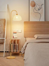 Handwoven Rattan Arched Floor Lamp Modern Beige Standing Light for Living Room