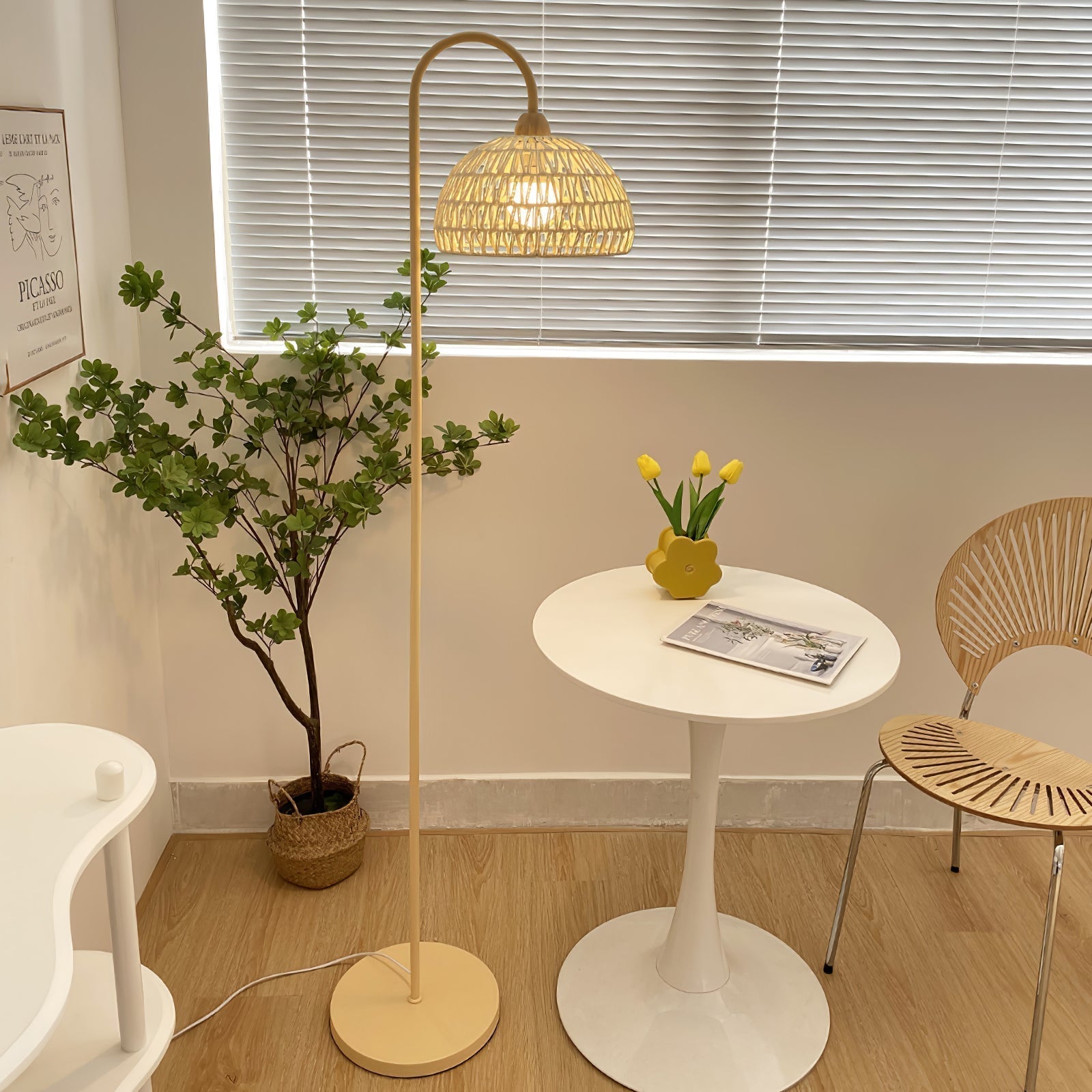Handwoven Rattan Arched Floor Lamp Modern Beige Standing Light for Living Room