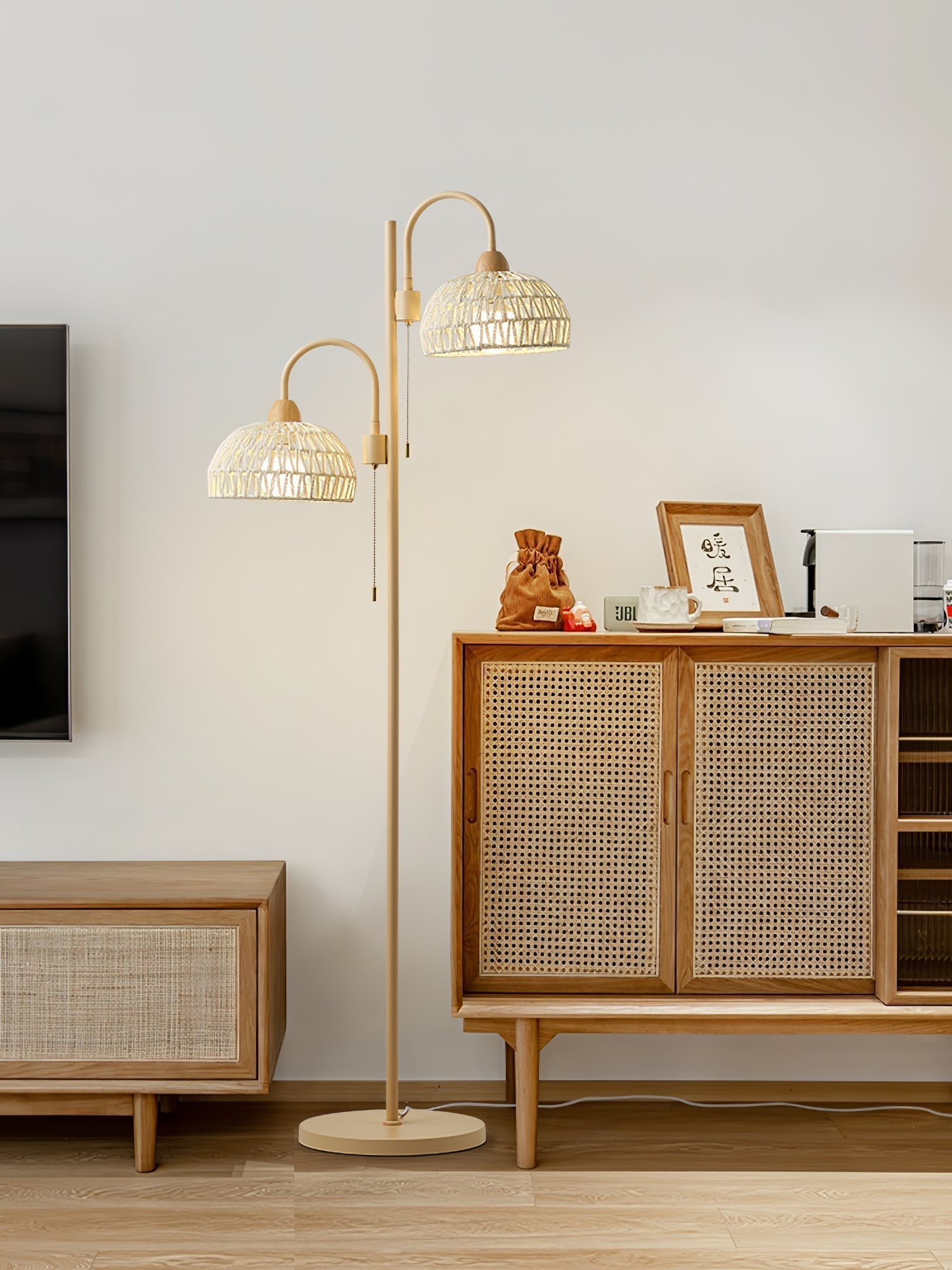 Handwoven Rattan Arched Floor Lamp Modern Beige Standing Light for Living Room