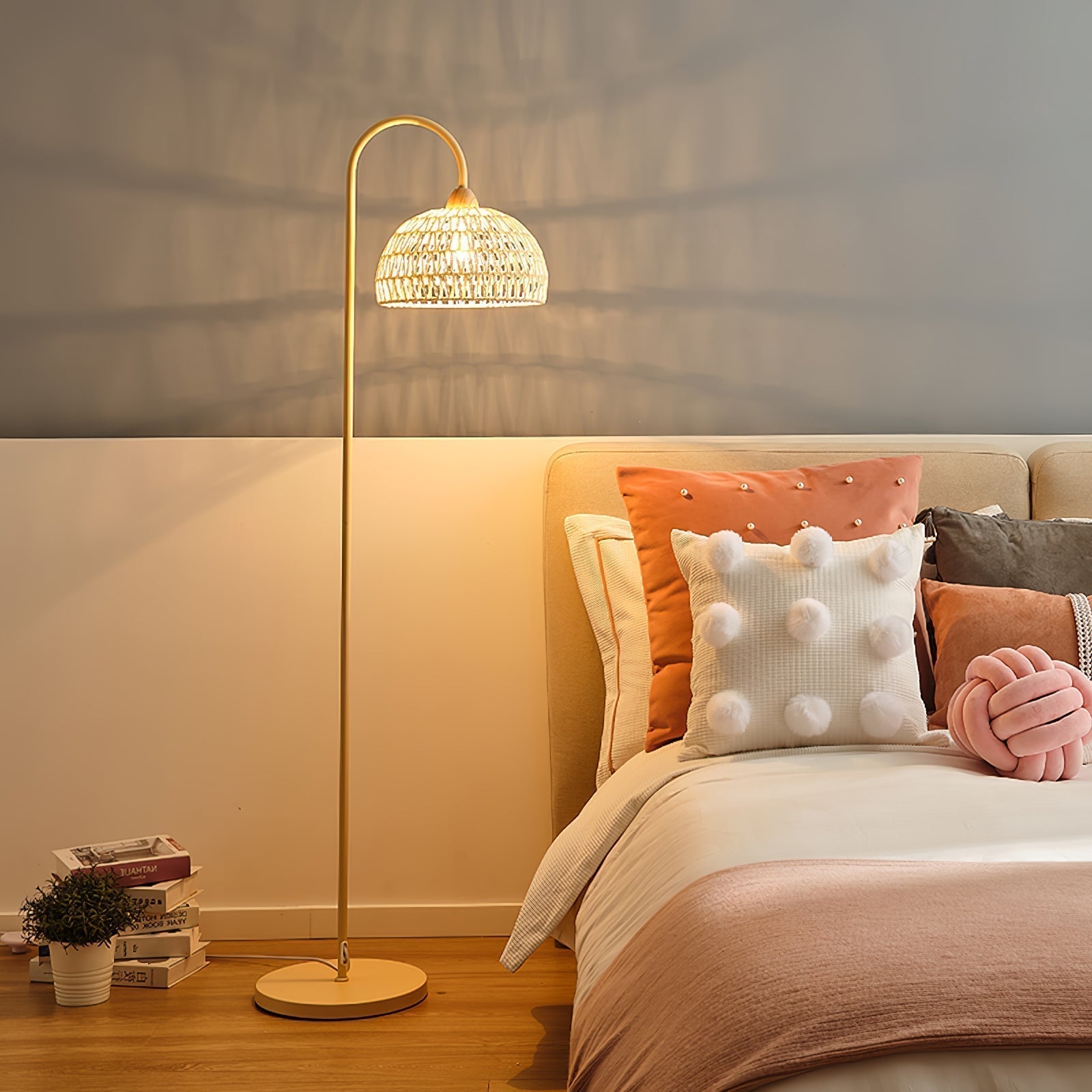 Handwoven Rattan Arched Floor Lamp Modern Beige Standing Light for Living Room