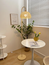 Handwoven Rattan Arched Floor Lamp Modern Beige Standing Light for Living Room