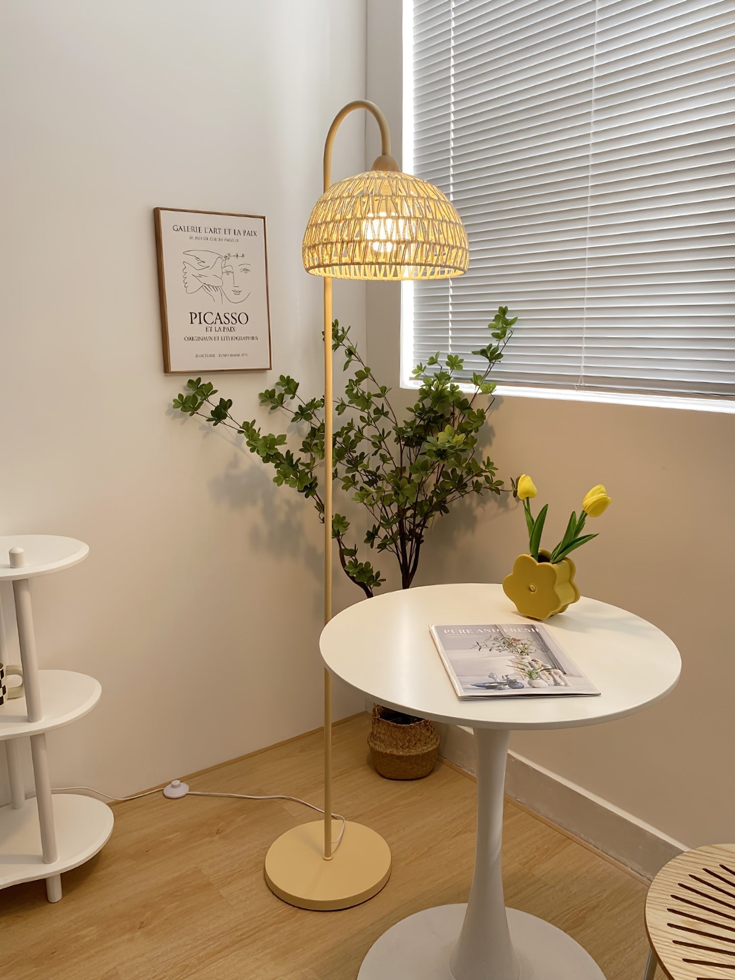 Handwoven Rattan Arched Floor Lamp Modern Beige Standing Light for Living Room