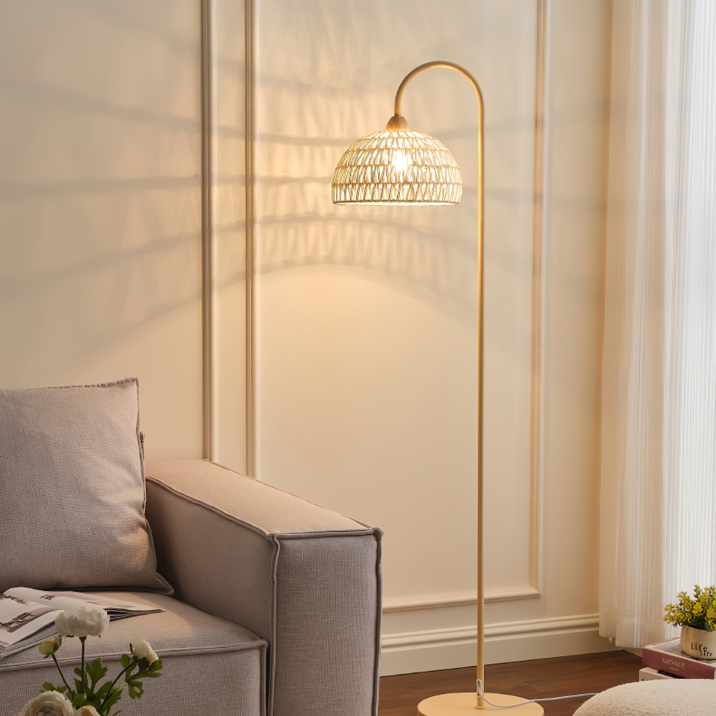 Handwoven Rattan Arched Floor Lamp Modern Beige Standing Light for Living Room
