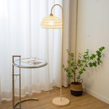 Handwoven Rattan Arched Floor Lamp Modern Beige Standing Light for Living Room