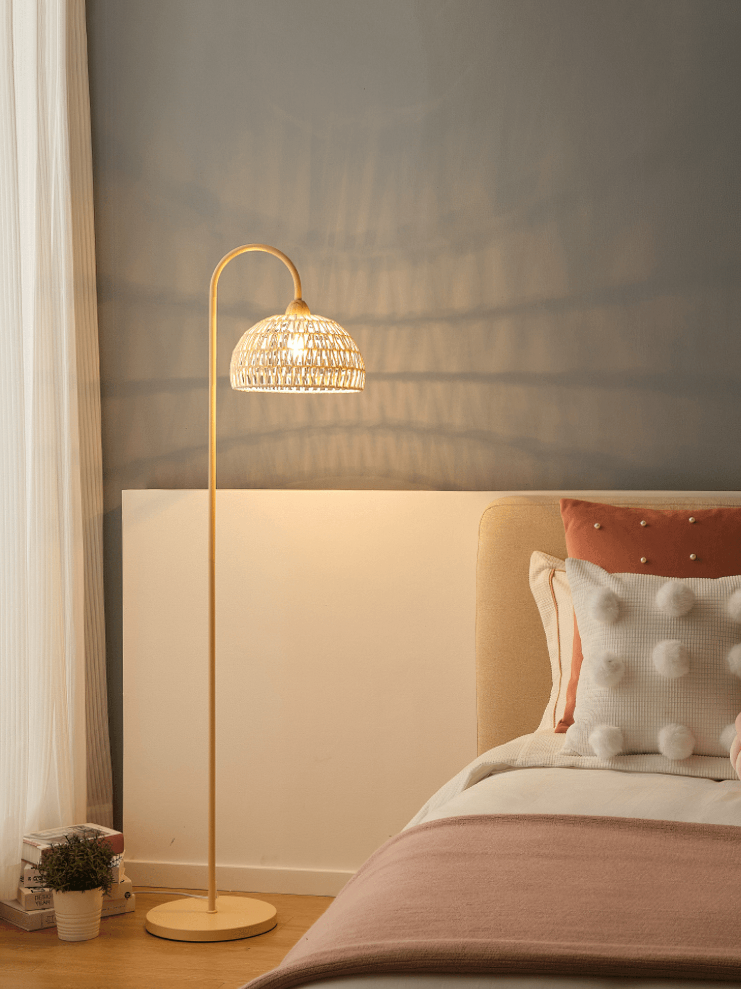 Handwoven Rattan Arched Floor Lamp Modern Beige Standing Light for Living Room