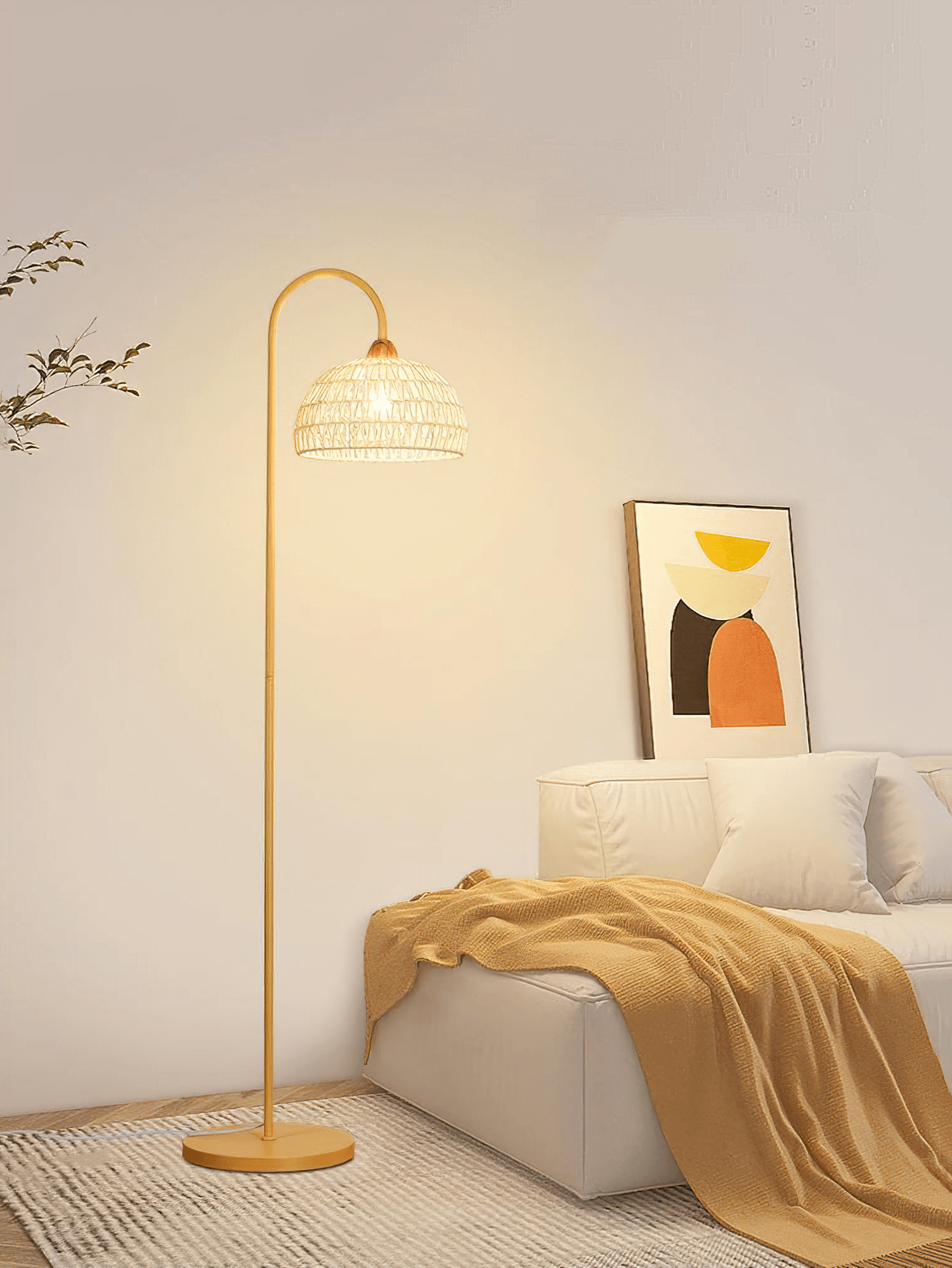 Handwoven Rattan Arched Floor Lamp Modern Beige Standing Light for Living Room