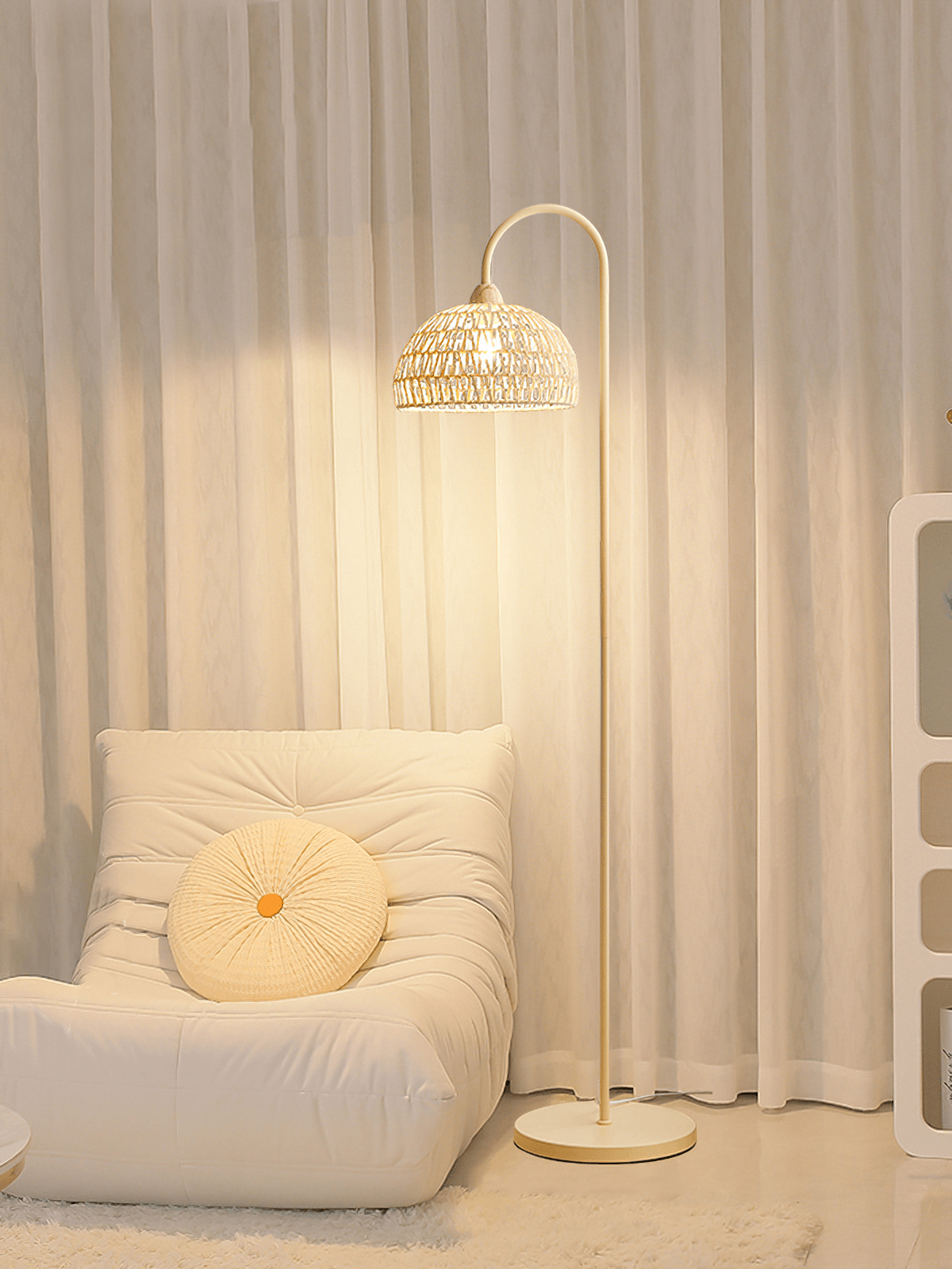 Handwoven Rattan Arched Floor Lamp Modern Beige Standing Light for Living Room