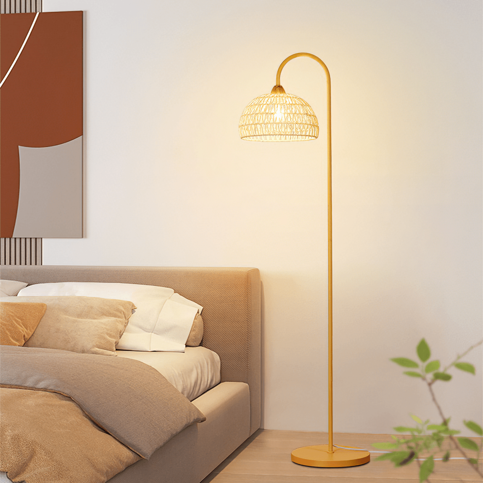 Handwoven Rattan Arched Floor Lamp Modern Beige Standing Light for Living Room
