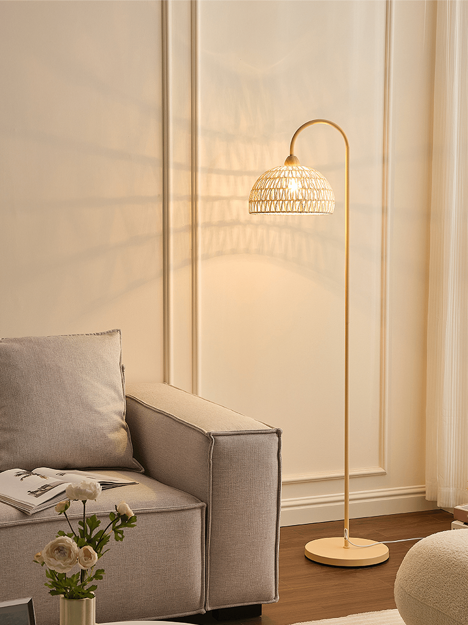 Handwoven Rattan Arched Floor Lamp Modern Beige Standing Light for Living Room