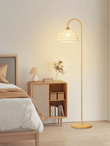 Handwoven Rattan Arched Floor Lamp Modern Beige Standing Light for Living Room