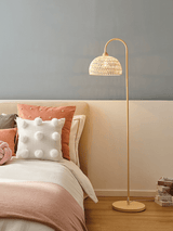 Handwoven Rattan Arched Floor Lamp Modern Beige Standing Light for Living Room