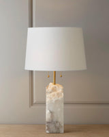 Natural Alabaster Table Lamp with Tapered Linen Shade Modern Bedside Reading Light