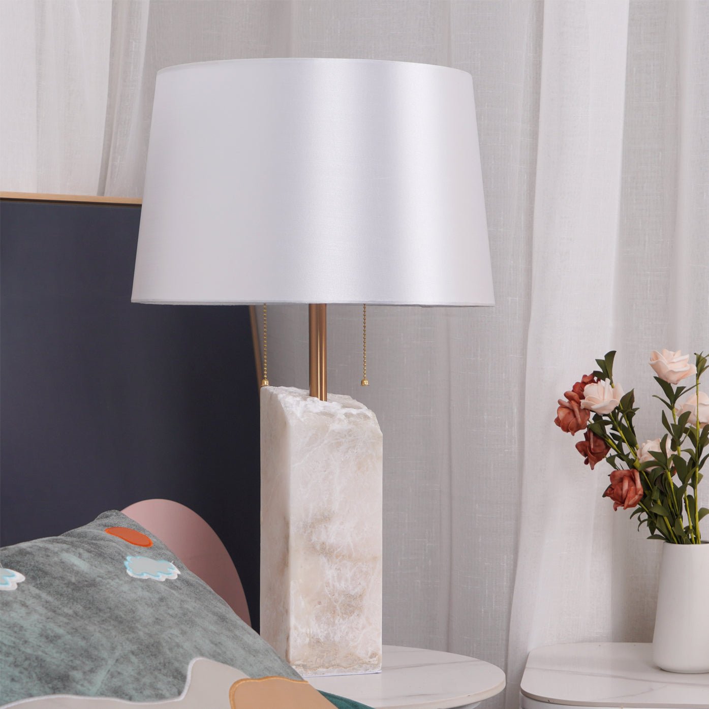 Natural Alabaster Table Lamp with Tapered Linen Shade Modern Bedside Reading Light