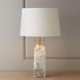 Natural Alabaster Table Lamp with Tapered Linen Shade Modern Bedside Reading Light