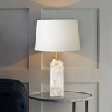 Natural Alabaster Table Lamp with Tapered Linen Shade Modern Bedside Reading Light
