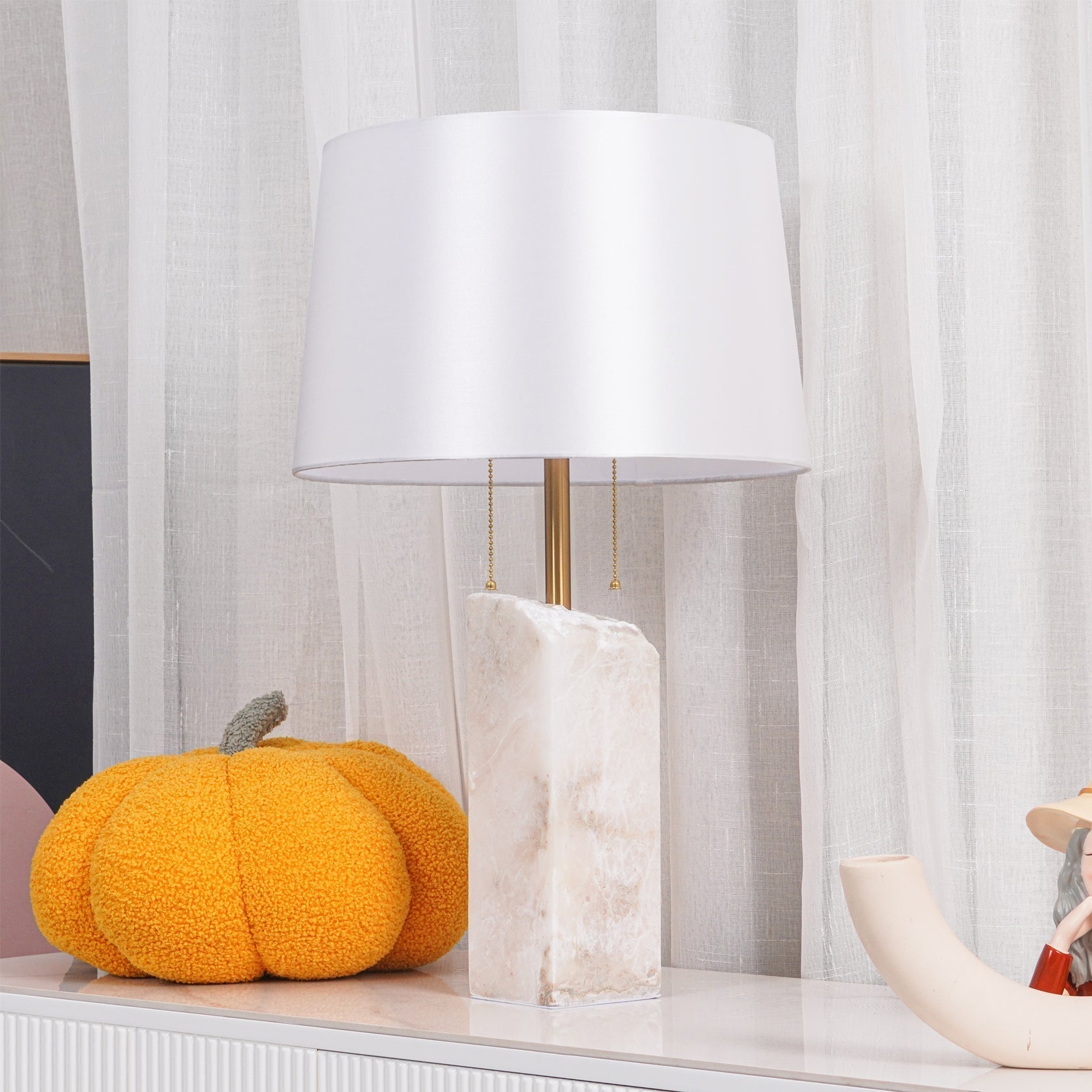 Natural Alabaster Table Lamp with Tapered Linen Shade Modern Bedside Reading Light