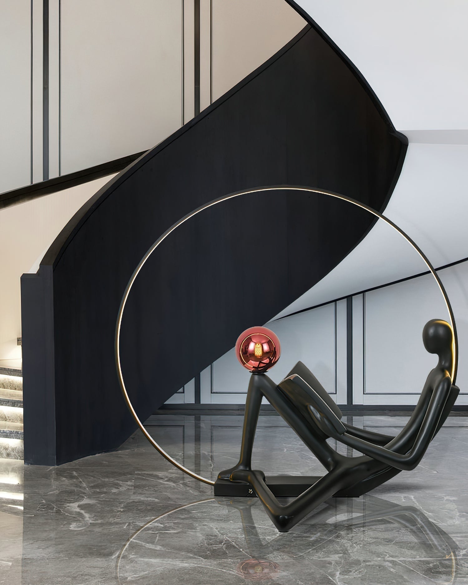 Modern Figurative Reader Sculpture LED Floor Lamp with Circular Frame and Ambient Lighting