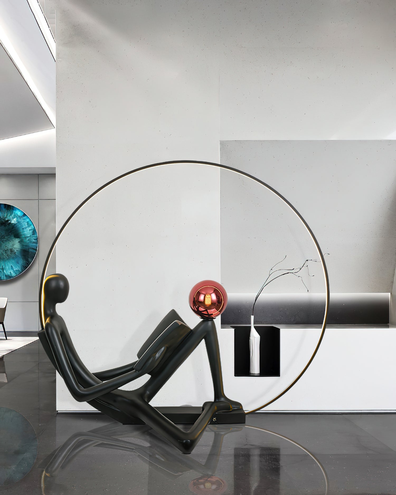 Modern Figurative Reader Sculpture LED Floor Lamp with Circular Frame and Ambient Lighting