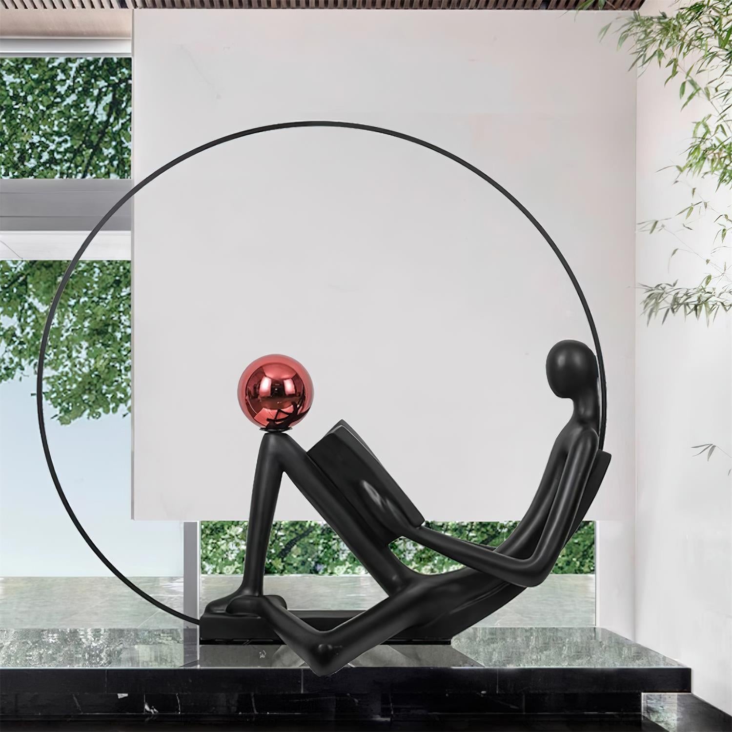 Modern Figurative Reader Sculpture LED Floor Lamp with Circular Frame and Ambient Lighting