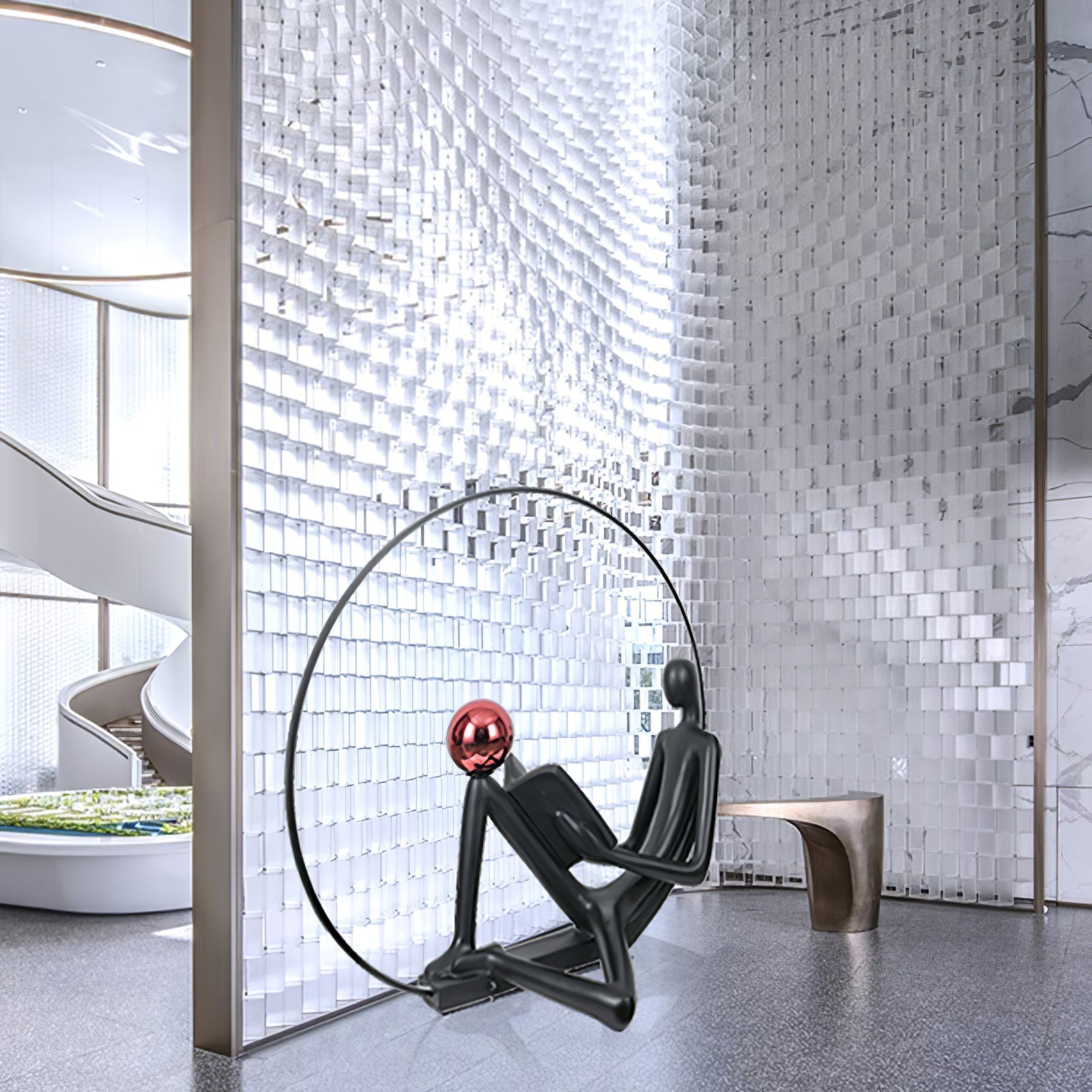 Modern Figurative Reader Sculpture LED Floor Lamp with Circular Frame and Ambient Lighting