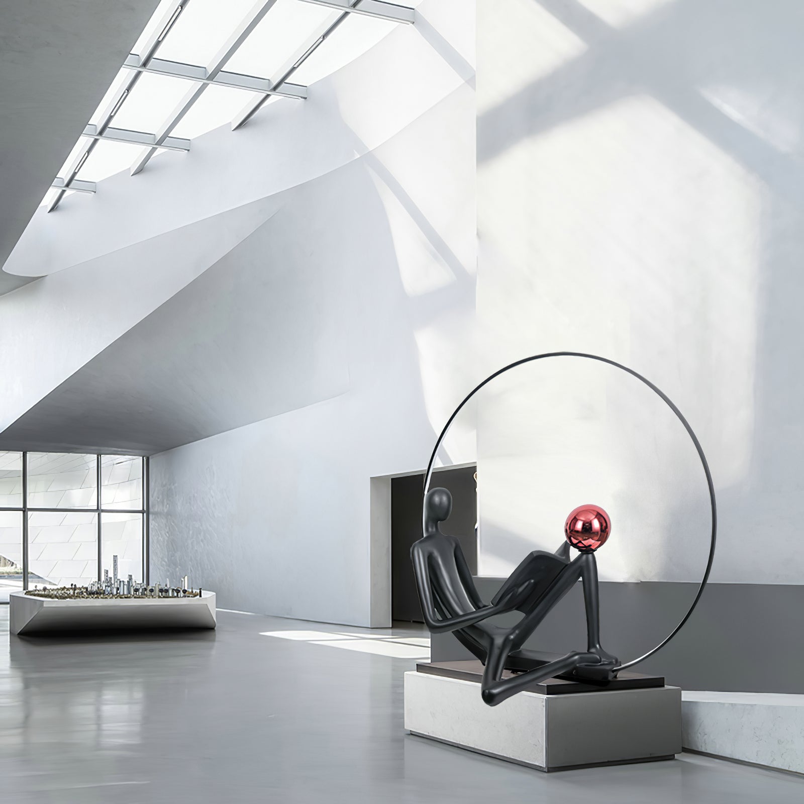 Modern Figurative Reader Sculpture LED Floor Lamp with Circular Frame and Ambient Lighting