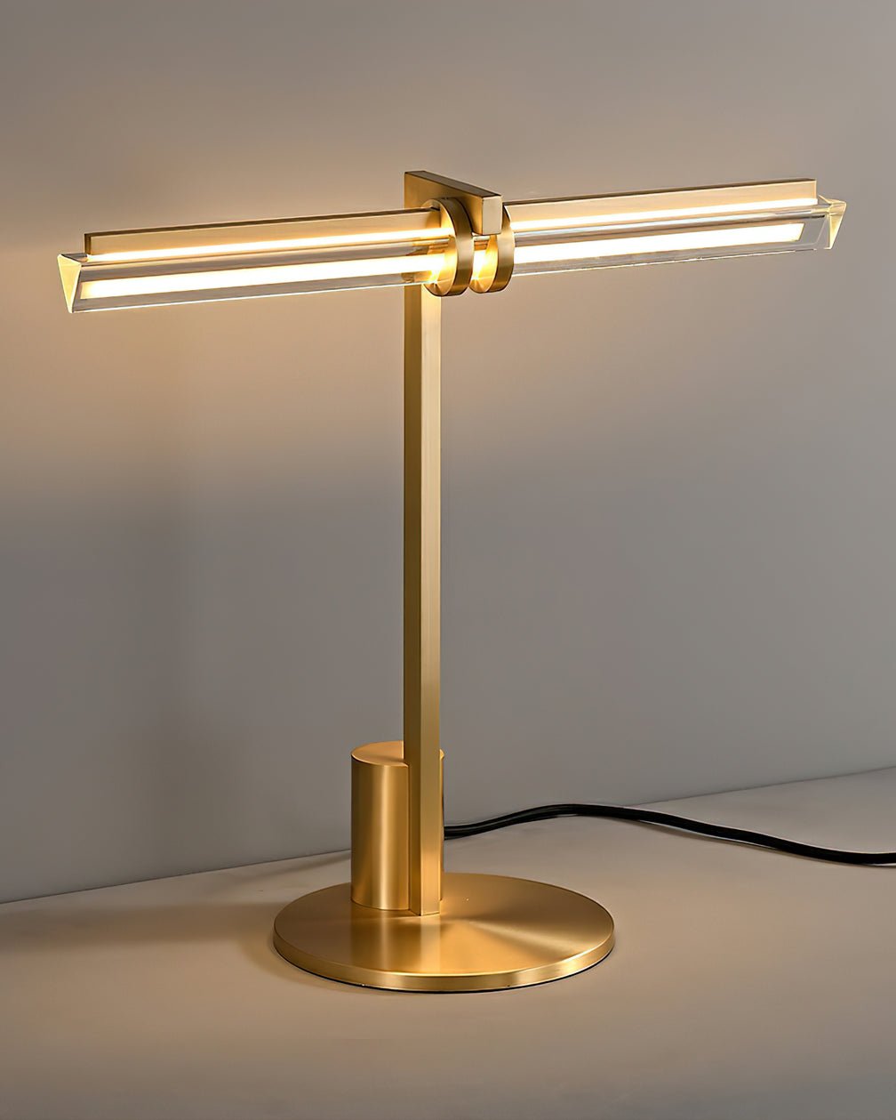 Minimalist Linear Brass Table Lamp with Integrated LED Tubular Glass Shade