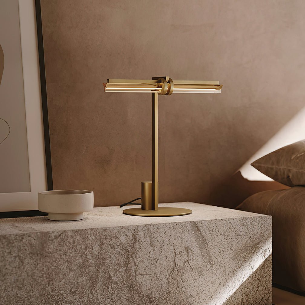 Minimalist Linear Brass Table Lamp with Integrated LED Tubular Glass Shade