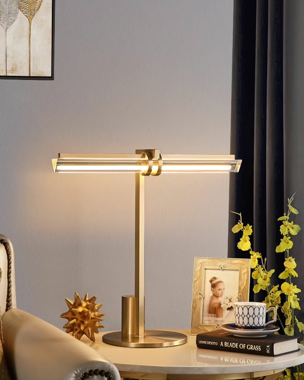 Minimalist Linear Brass Table Lamp with Integrated LED Tubular Glass Shade