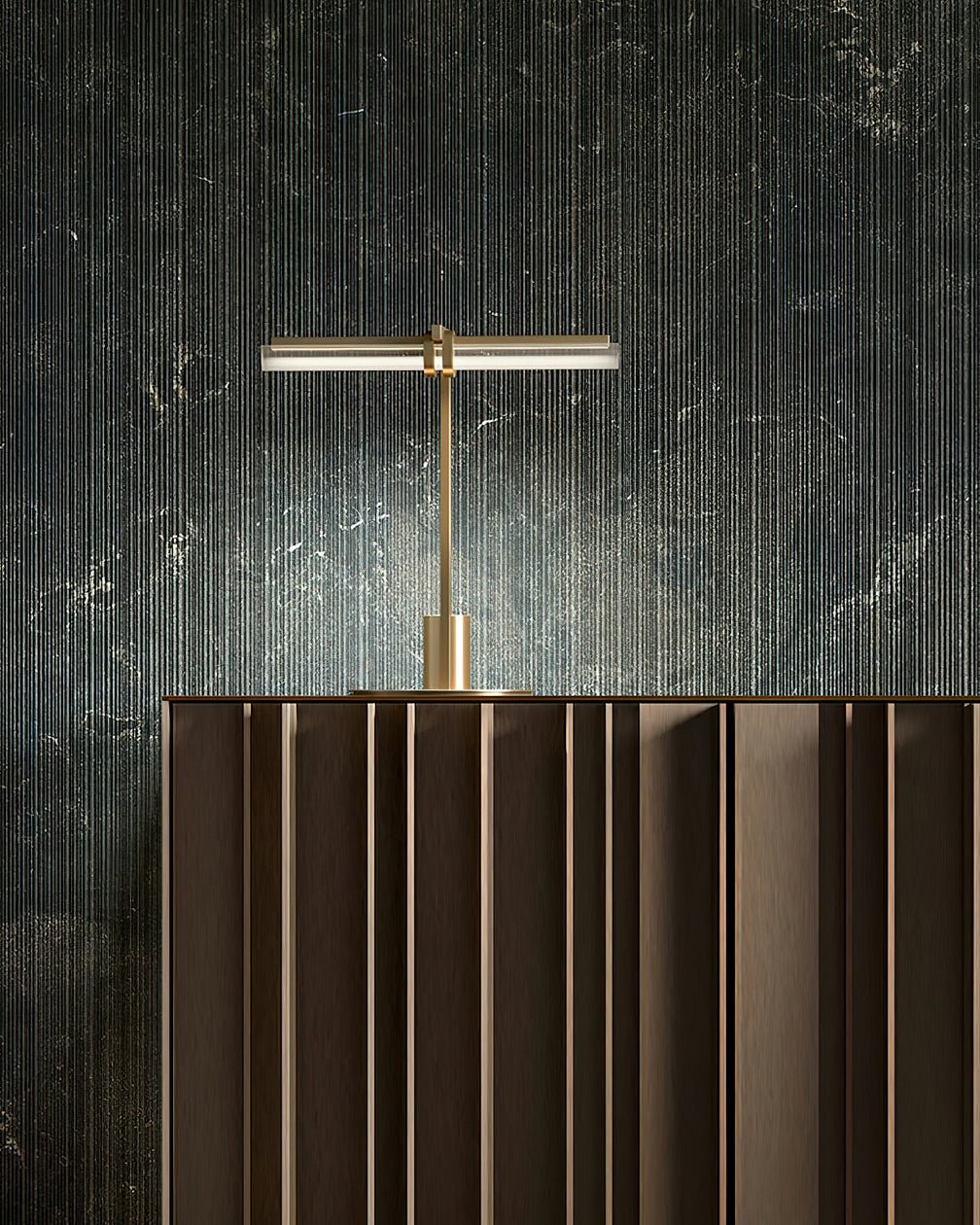 Minimalist Linear Brass Table Lamp with Integrated LED Tubular Glass Shade