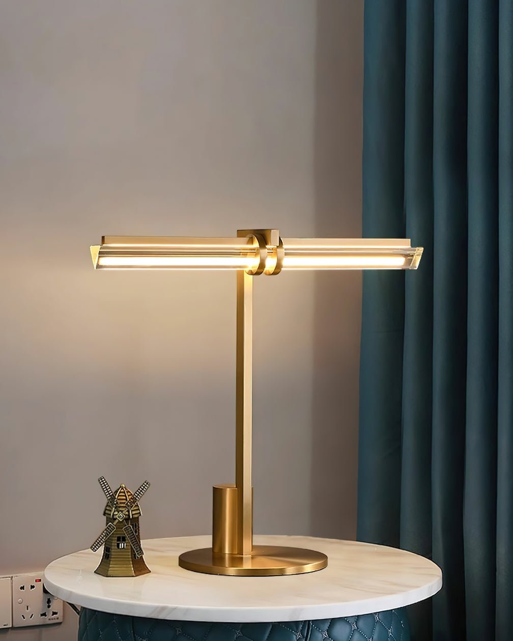 Minimalist Linear Brass Table Lamp with Integrated LED Tubular Glass Shade