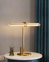 Minimalist Linear Brass Table Lamp with Integrated LED Tubular Glass Shade