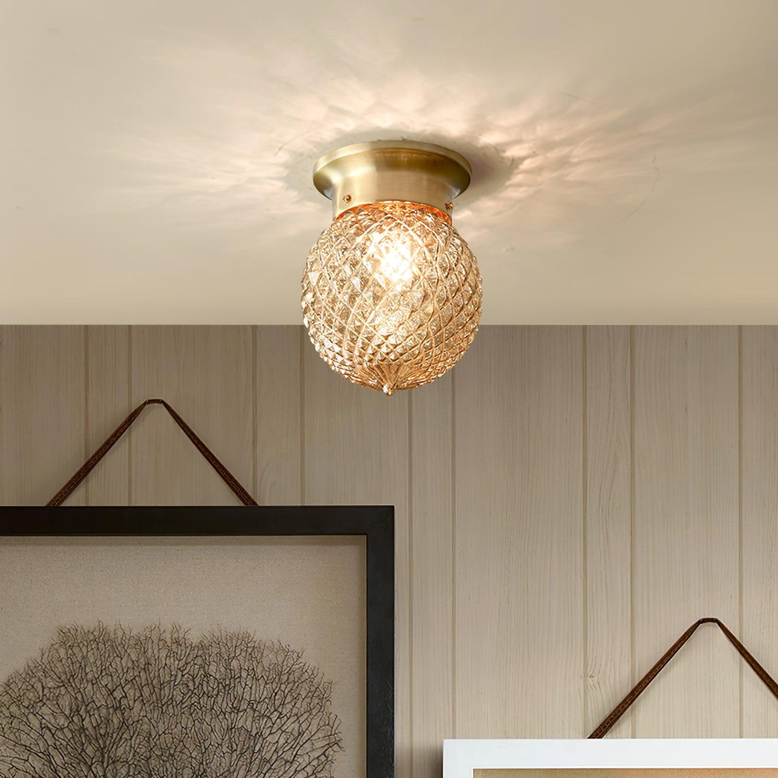 Reeded Glass Globe Flush Mount Ceiling Light Antique Brass Indoor Lighting
