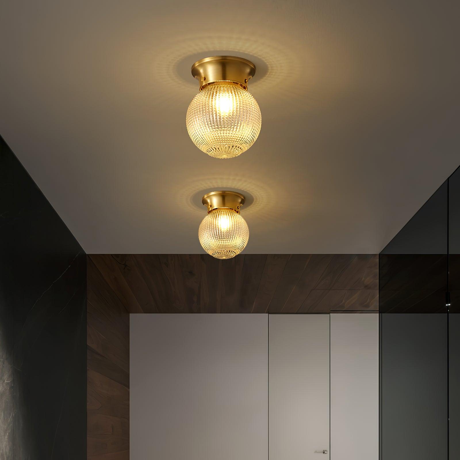 Reeded Glass Globe Flush Mount Ceiling Light Antique Brass Indoor Lighting