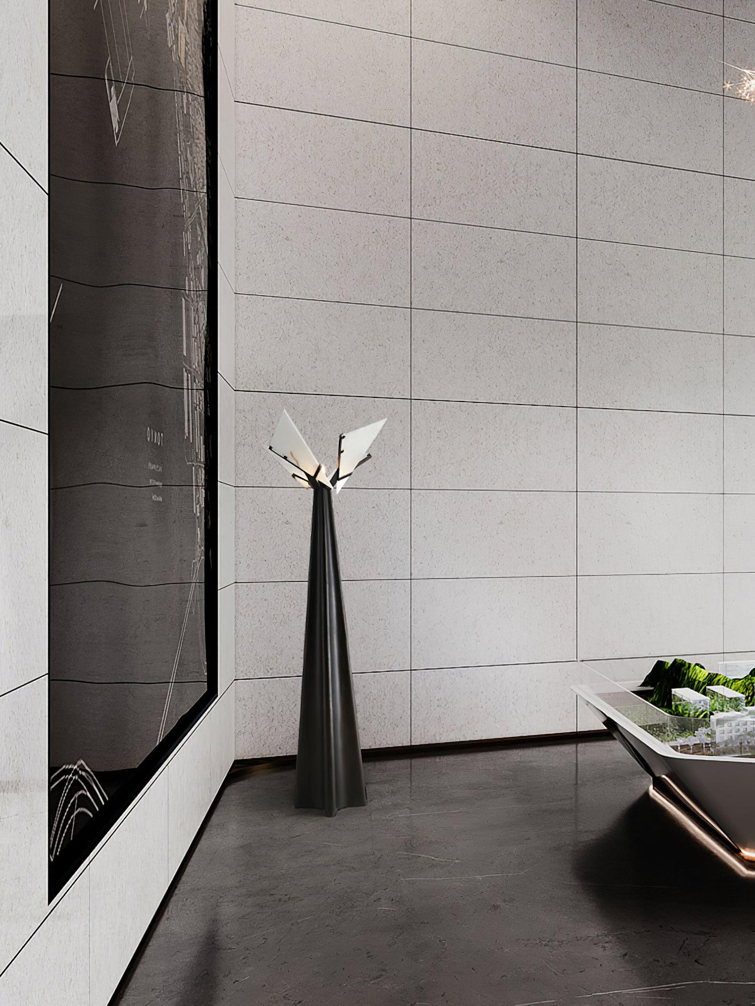 Modern LED Standing Lamp with Natural Alabaster Shade and Sleek Black Metal Body
