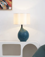 Modern Artistic Resin Table Lamp with White Fabric Shade Handcrafted Blue and White Desk Lighting