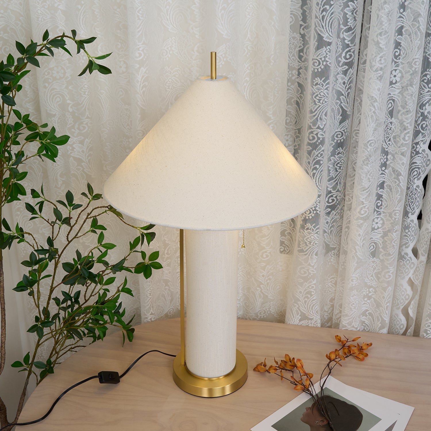 Modern Remi Linen Table Lamp with Gold Base and Beige Fabric Shade for Bedside Lighting