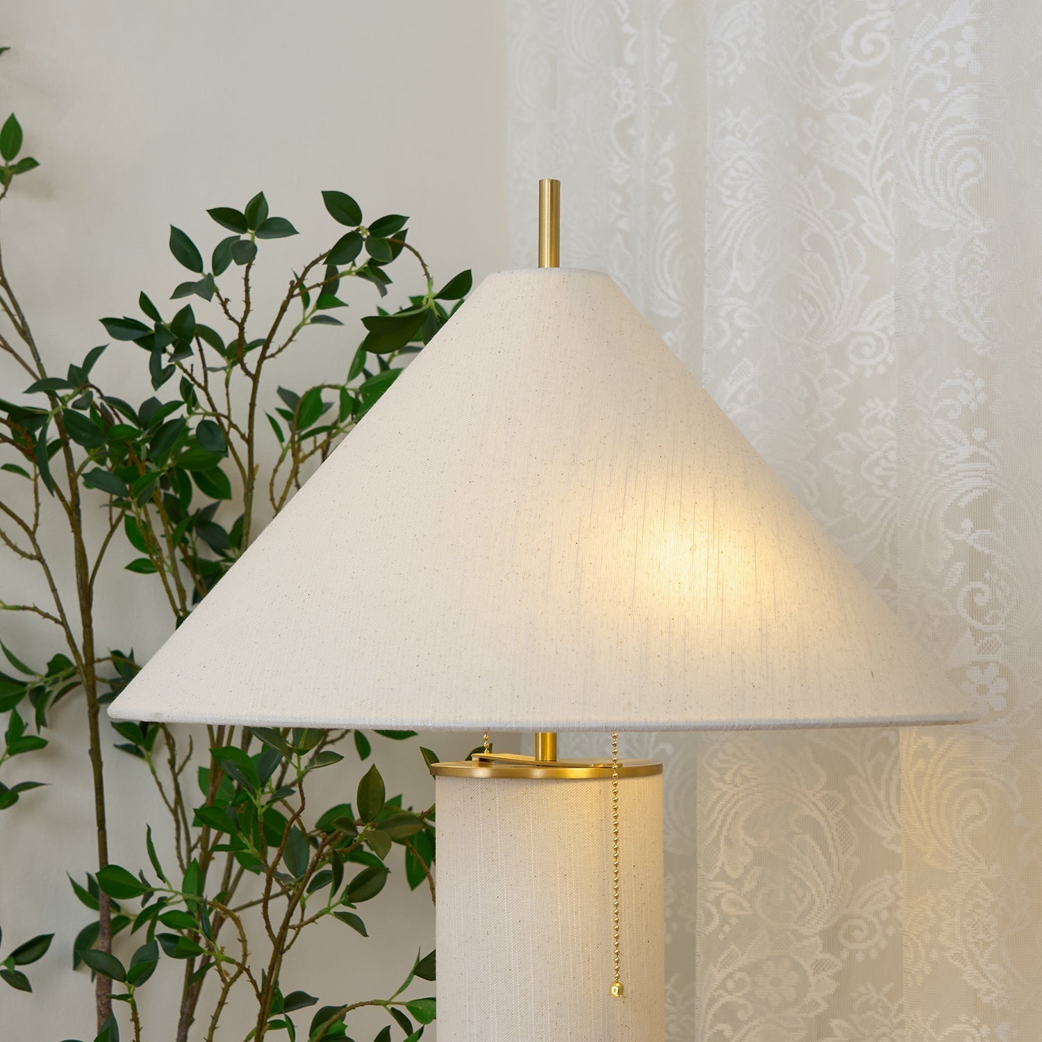 Modern Remi Linen Table Lamp with Gold Base and Beige Fabric Shade for Bedside Lighting