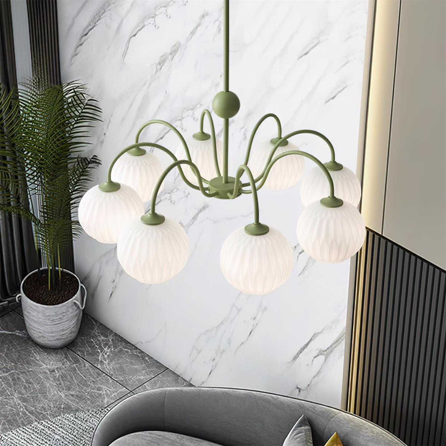 modern-ribbed-glass-globe-chandelier-metal-frame-pendant-light-for-living-room-and-dining-space