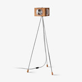 Vintage Camera Style Tripod Floor Lamp with Cherry Wood and Striped Glass Shades