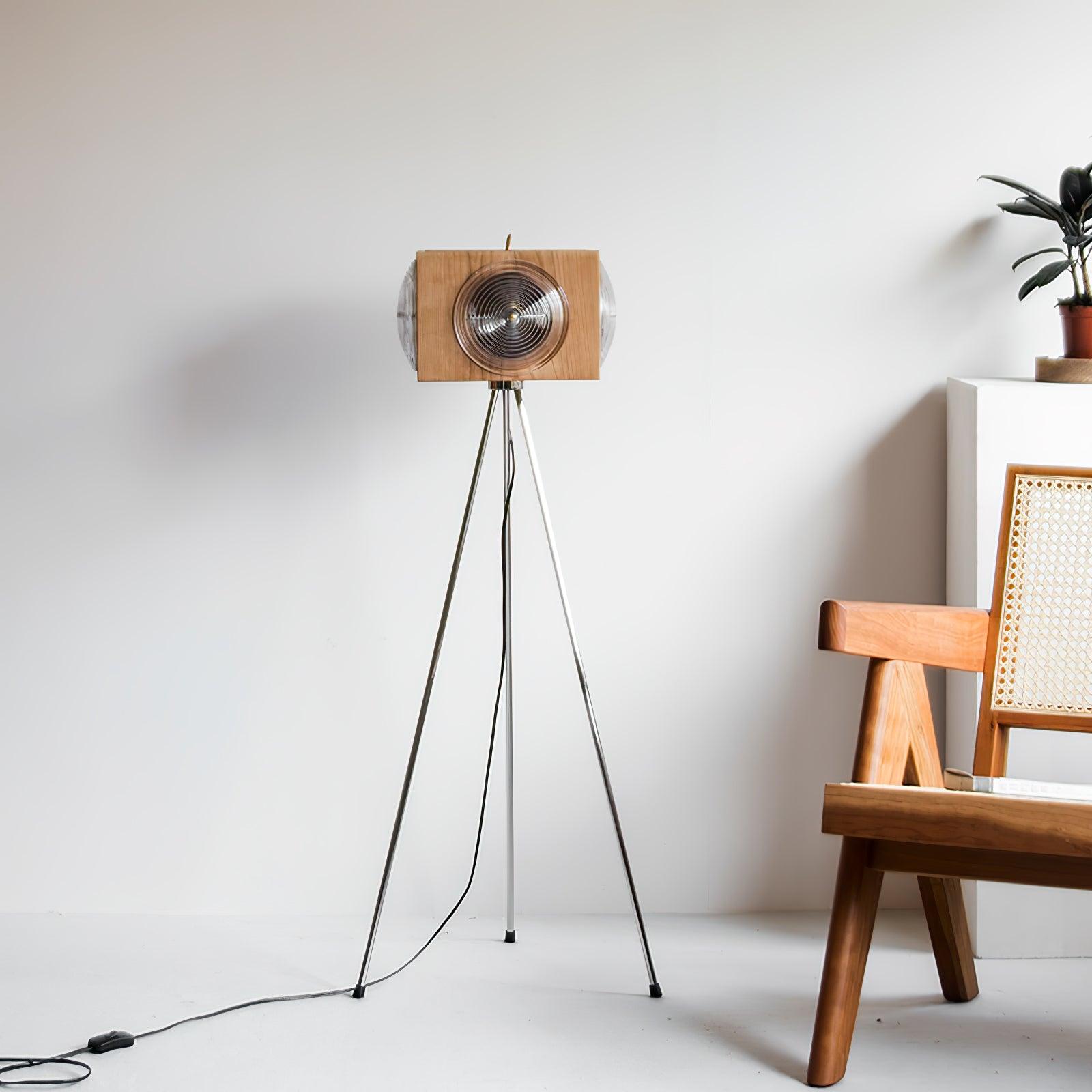 Vintage Camera Style Tripod Floor Lamp with Cherry Wood and Striped Glass Shades