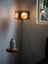 Vintage Camera Style Tripod Floor Lamp with Cherry Wood and Striped Glass Shades