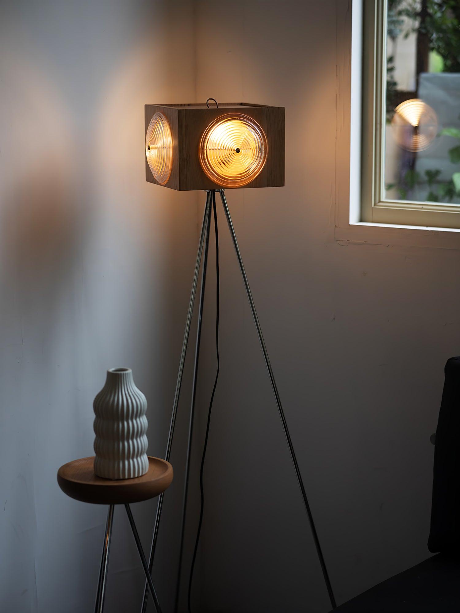 Vintage Camera Style Tripod Floor Lamp with Cherry Wood and Striped Glass Shades