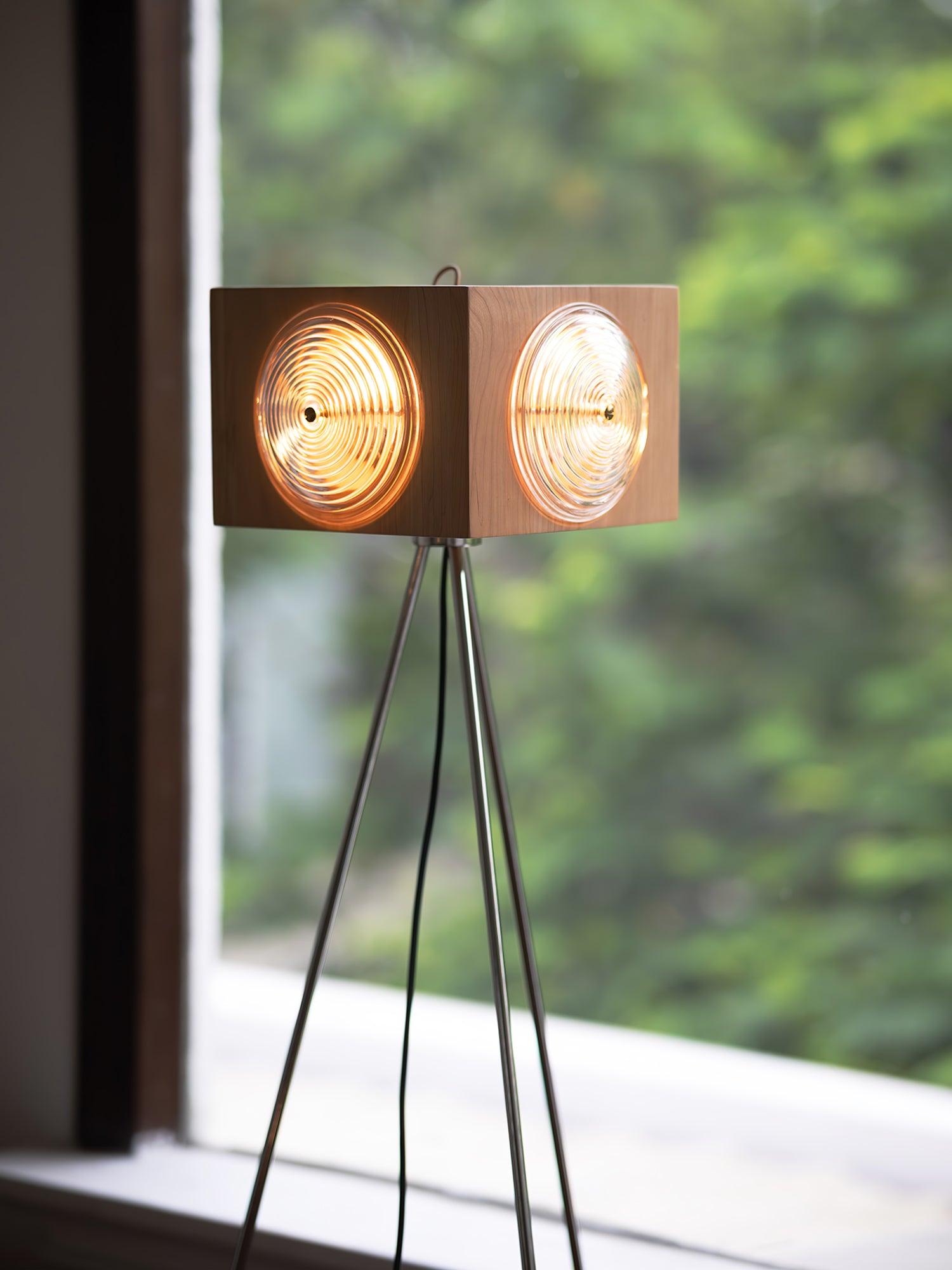 Vintage Camera Style Tripod Floor Lamp with Cherry Wood and Striped Glass Shades