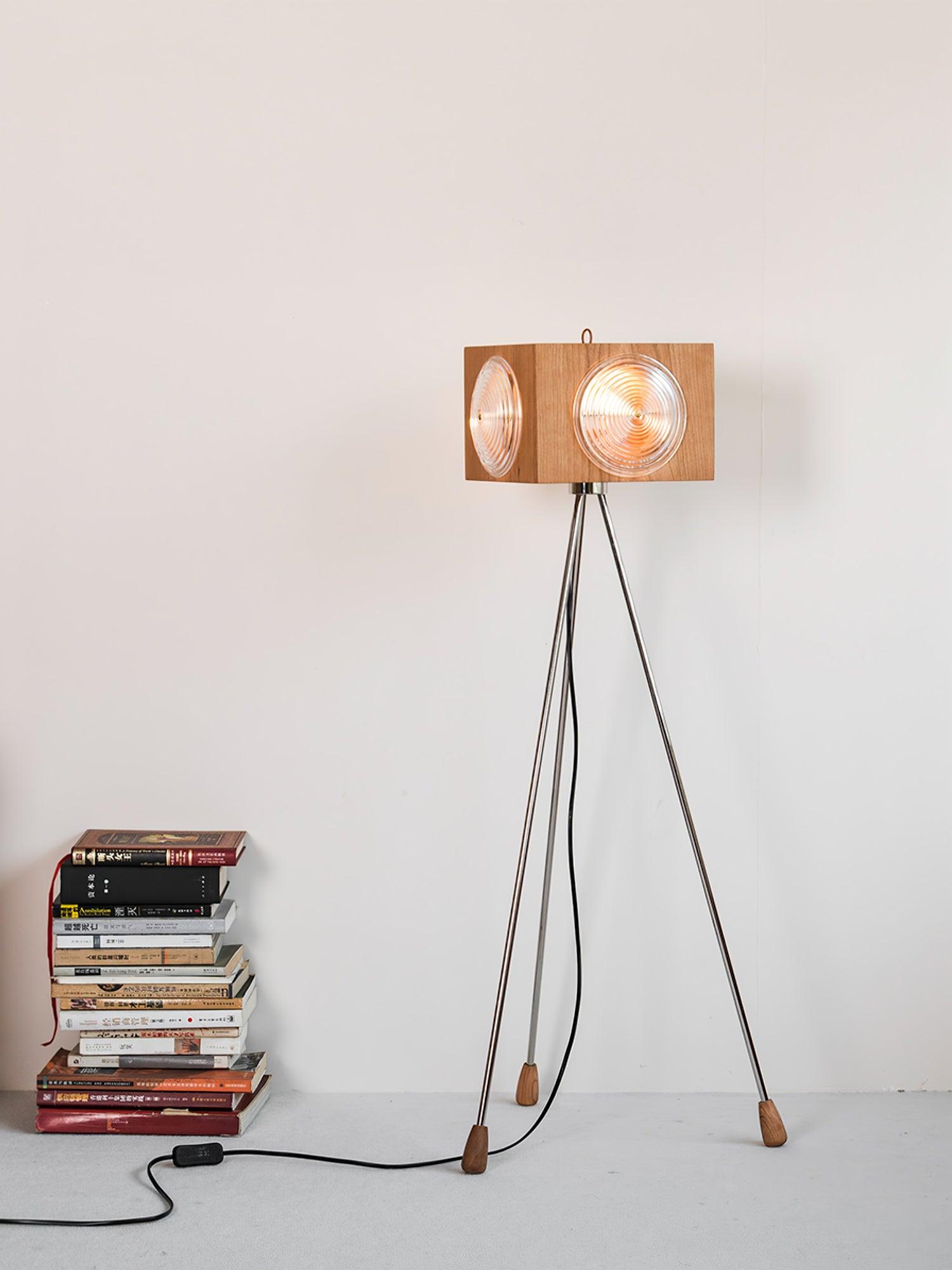 Vintage Camera Style Tripod Floor Lamp with Cherry Wood and Striped Glass Shades