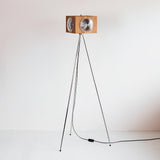 Vintage Camera Style Tripod Floor Lamp with Cherry Wood and Striped Glass Shades